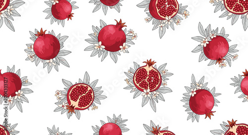 Vibrant seamless pattern of whole and cut pomegranates with white flowers and grey leaves on a crisp white background for fresh design.