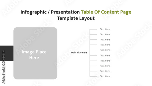 Infographic presentation template with image placeholder and table of content text boxes