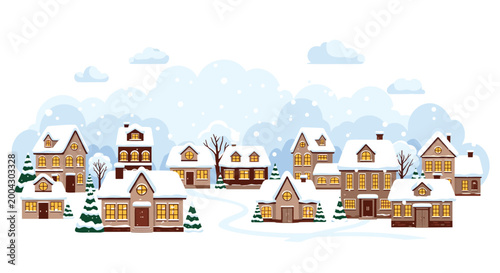 Charming winter village illustration with cozy brown houses covered in white snow under a cloudy sky with evergreen trees and a snowy path.