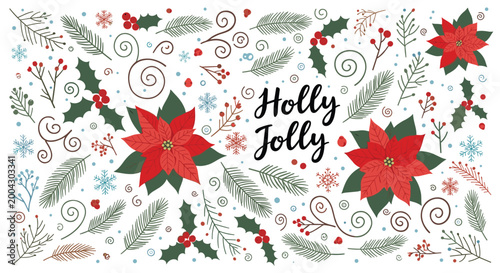 Colorful Christmas collage background with red poinsettia flowers, holly berries, pine branches, snowflakes, and swirling decorative elements.