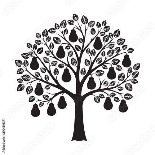 Black silhouette of a pear tree with fruit and leaves. Vector illustration ideal for organic farming, gardening, and nature-themed designs representing growth and abundance