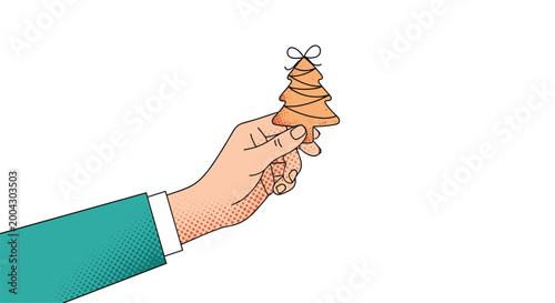 Close up illustration of a human hand holding a small brown gingerbread cookie shaped like a Christmas tree with a tiny white string bow on top.