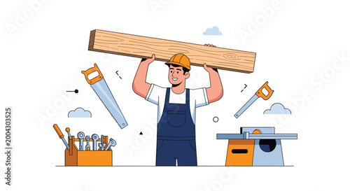 Professional carpenter in blue overalls and an orange hard hat carrying a large wooden plank surrounded by various woodworking tools and saws.