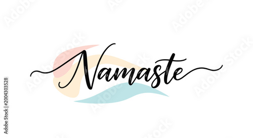Elegant handwritten Namaste text in black script set against a white background with soft abstract pastel colored waves in pink and blue.