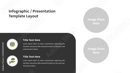 Modern infographic presentation slide featuring two text blocks with icons and two circular image placeholders