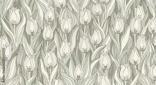 Dense and elegant seamless pattern featuring a monochrome field of hand drawn tulips with heart shapes in the center and detailed leaf veins.