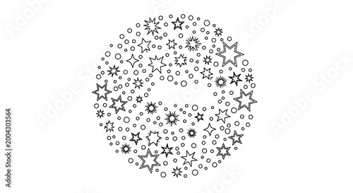 Geometric circular design composed of numerous outlined stars of various shapes and sizes mixed with small dots in black and white on white.