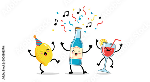 Fun cartoon illustration of a cheerful lemon, blue soda bottle, and cocktail glass dancing with music notes and confetti for a birthday party.