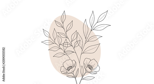 Delicate line art illustration of a flowering plant with two blossoms and long stems with leaves set over a soft beige oval shape background.