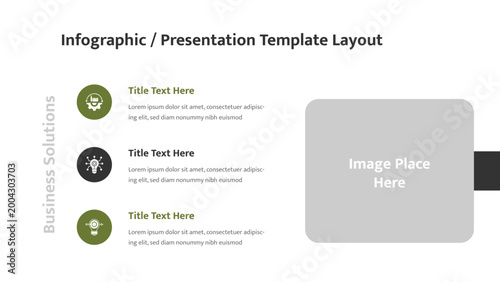 Presentation slide template outlining business solutions with three icon based text points