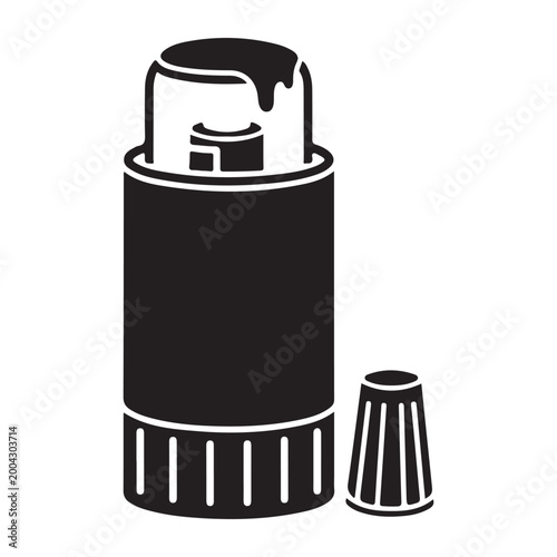 Glue stick vector icon with open cap and adhesive tip. Ideal for office supply catalogs, school stationery graphics, and DIY craft project illustrations