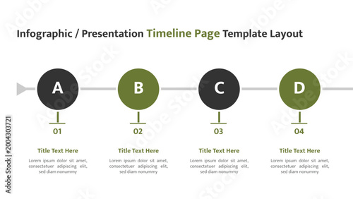 Modern infographic timeline presentation template showing four sequential stages with textual descriptions