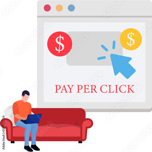 Man Working on Pay Per Click PPC Advertising Campaign Digital Marketing Illustration