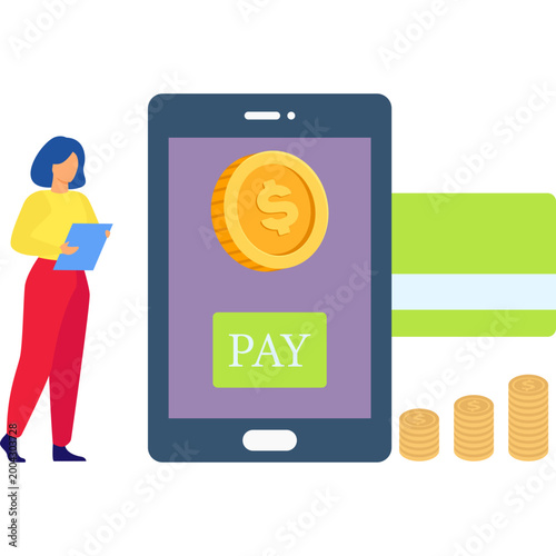 Woman Using Mobile Payment Digital Wallet Online Banking Financial Technology Illustration