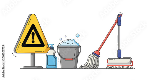 Selection of essential cleaning supplies including a yellow wet floor warning sign, a blue spray bottle, a grey bucket with bubbles, and a mop.