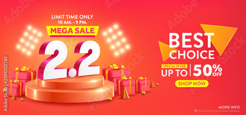 2.2 Shopping day Poster or banner with gift box on red background.Sales banner template design for social media and website.February 2 Special Offer Sale 50% Off campaign or promotion.