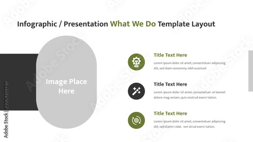 Presentation template layout showing services with icons and text sections for information
