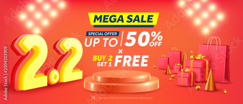 2.2 Shopping day Poster or banner with gift box on red background.Sales banner template design for social media and website.February 2 Special Offer Sale 50% Off campaign or promotion.