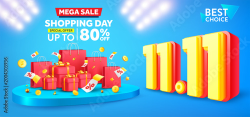 Vector of 11.11 Shopping day Poster or banner with gift box and shopping bag.11 november sales banner template design for social media and website. Vector illustration eps 10