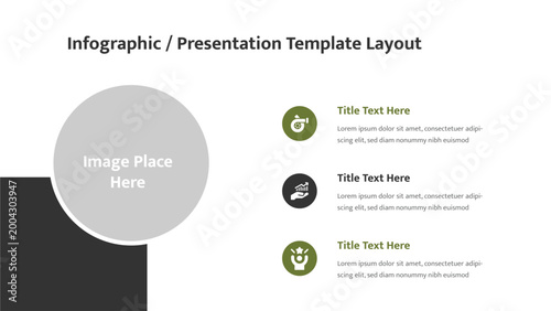 Presentation template featuring a large circular image placeholder and three key information points