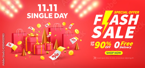 11.11 Single day and Flash Sale Shopping banner with gift box and shopping bag.11 november sales banner template design for social media and website.Single day Special Offer and Flash Sale campaign