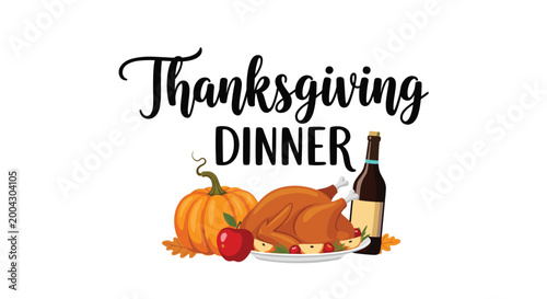 Thanksgiving dinner invitation design includes a roasted turkey platter alongside a large orange pumpkin red apple and a bottle of red wine.