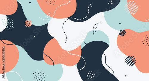 Abstract artistic background showcases a modern composition of organic fluid shapes in coral teal and dark blue with dotted and lined accents.
