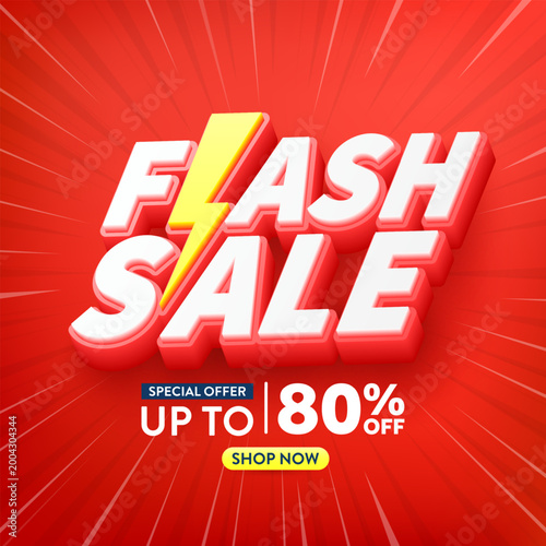 Flash Sale Shopping Poster or banner with Flash icon and 3D text on red background.Flash Sales banner template design for social media and website.Special Offer Flash Sale campaign or promotion.
