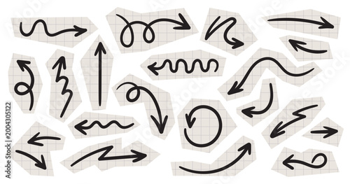 Hand drawn black arrows in different shapes and directions on torn grid paper pieces. Set of sketch arrows, curves and doodle direction signs isolated on light background