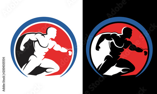 Obraz na płótnie Athlete runs swiftly in circular logo with motion lines around