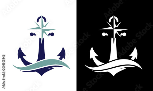 Nautical Anchor and Compass Rose Logo Design Featuring an Ocean Wave Element, Symbolizing Maritime Exploration, Direction, and Adventure on the High Seas