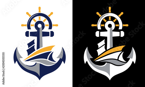 Nautical anchor with ship's wheel and sailing boat, emblem for maritime and travel industries