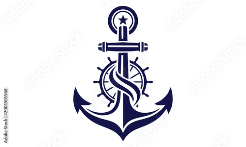 Sophisticated graphic illustration of a classic nautical anchor intertwined with a ship's wheel and rope, embodying maritime tradition and stability