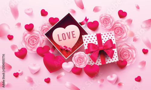 Valentine's Day Sale Poster or banner with open gift box,sweet heart and flower on pink background.Promotion and shopping template or background for Love and Valentine's day concept.Vector EPS10