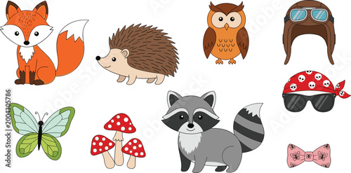 Cute Forest Animal and Accessories Set with Fox Hedgehog Owl Raccoon Butterfly and Cartoon Elements Vector Collection for Kids Design and Illustration