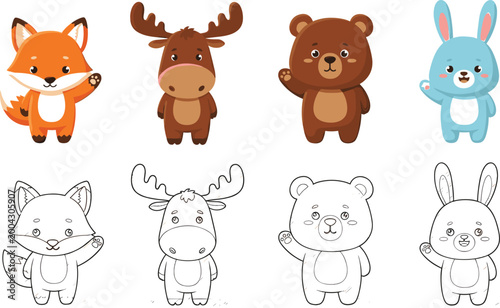 Cute Woodland Animal Character Set with Fox Moose Bear and Bunny Cartoon and Outline Vector Collection for Kids Coloring Book and Illustration