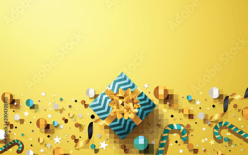 Christmas and New Years Golden background with gift box,ribbon and christmas decoration elements.Vector illustration