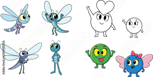 Cute Cartoon Character Set with Dragonflies Funny Monsters and Heart Mascots Colorful Vector Collection for Kids Animation and Game Design