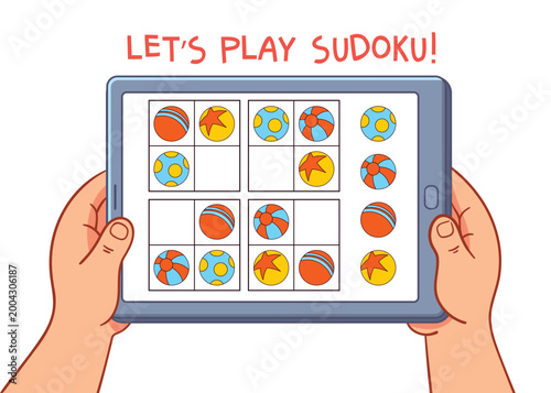 Educational kids sudoku game on a tablet with colorful balls. Fun learning activity that builds logic, pattern recognition, and problem-solving skills in early childhood education. Vector illustration