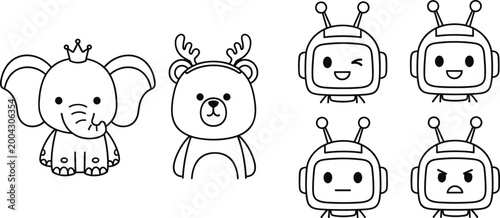 Cute Character Outline Set with Elephant Deer Bear and Robot Faces Kawaii Line Art Vector Collection for Kids Coloring Book and Cartoon Design