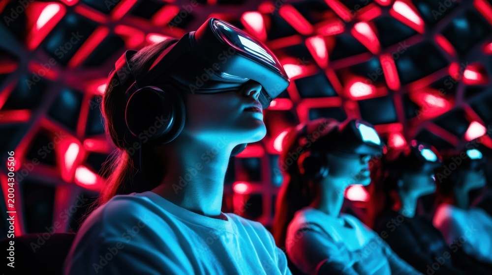 Obraz premium Virtual reality experience gaming center digital interaction futuristic room immersive environment technology exploration