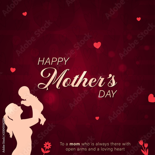 Happy Mother’S Day Red Heart Background With Mom And Baby Silhouette, Elegant Mother’S Day Greeting Card With Loving Mom And Child Design, Beautiful Red Mother’S Day Banner With Heart Pattern And Love
