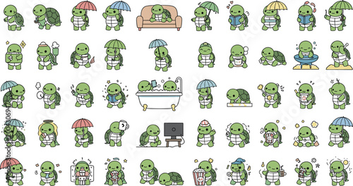 Cute Turtle Cartoon Activity Set with Funny Tortoise Characters Daily Life Scenes Vector Collection for Kids Illustration Animation and Sticker Design