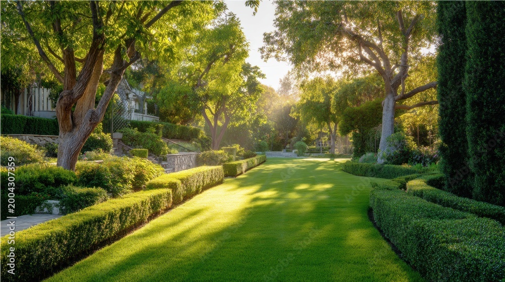 Fototapeta premium Green garden with manicured lawn and trimmed hedges. Landscaped park path with sunlight rays between trees. Serene nature scenery for landscape design and peaceful recreation concept.