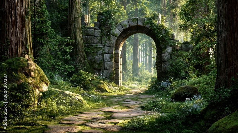Obraz premium Stone archway ruins in a forest. Ancient mossy gate standing on a path among tall trees with light rays. Concept of fantasy world, nature mystery, hidden entrance and historical site.