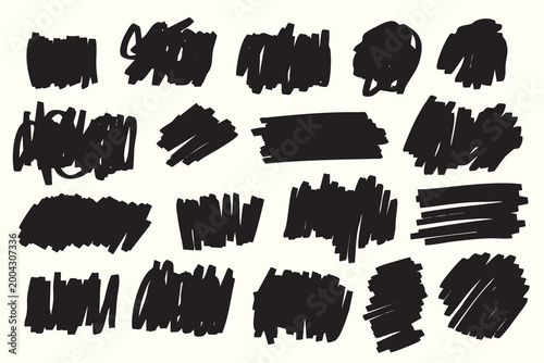Black marker scribble set on light background, hand-drawn brush strokes and abstract shapes, bold ink textures for highlights, banners, labels, and modern design elements