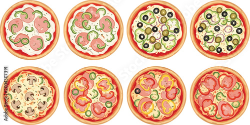 Pizza Variety Top View Set with Different Toppings Pepperoni Mushroom Olive and Vegetable Italian Food Vector Collection for Menu and Restaurant Design