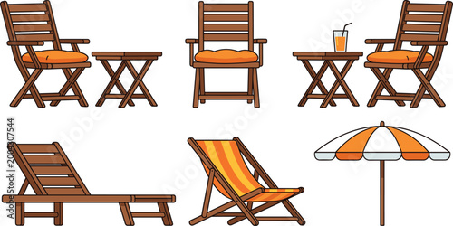 Outdoor Wooden Furniture Set with Garden Chairs, Tables, Sun Lounger, Beach Chair, and Umbrella for Summer and Patio Design Projects