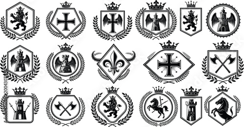 Heraldic Emblem Set with Crowns Shields Lions Eagles and Cross Symbols Vintage Coat of Arms Vector Collection for Royal Crests and Medieval Design