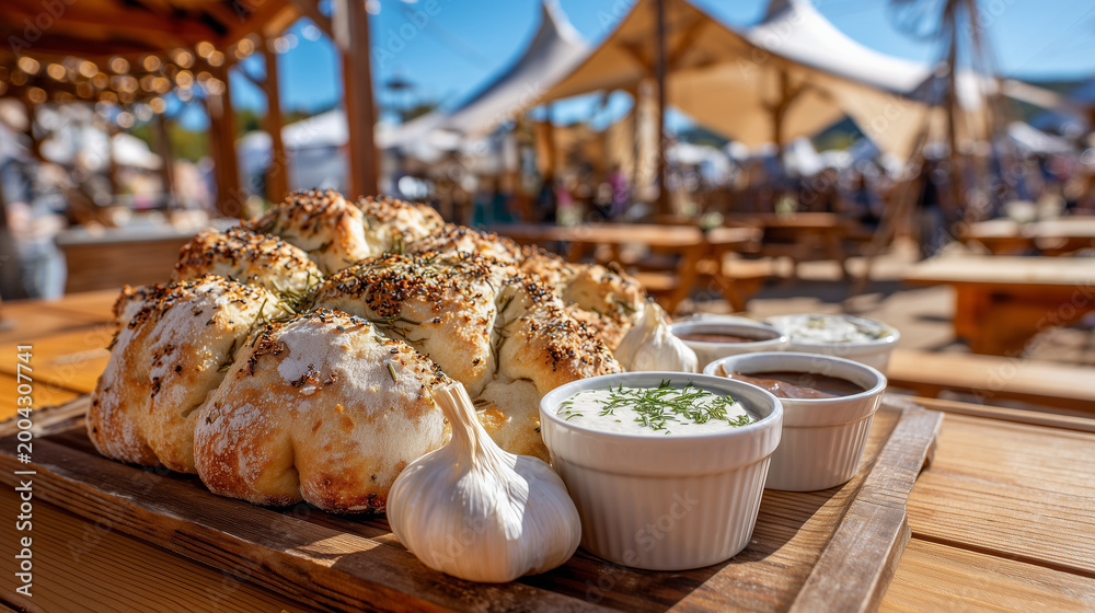 Fototapeta premium Gilroy Garlic Festival celebrates food with garlic bread on display